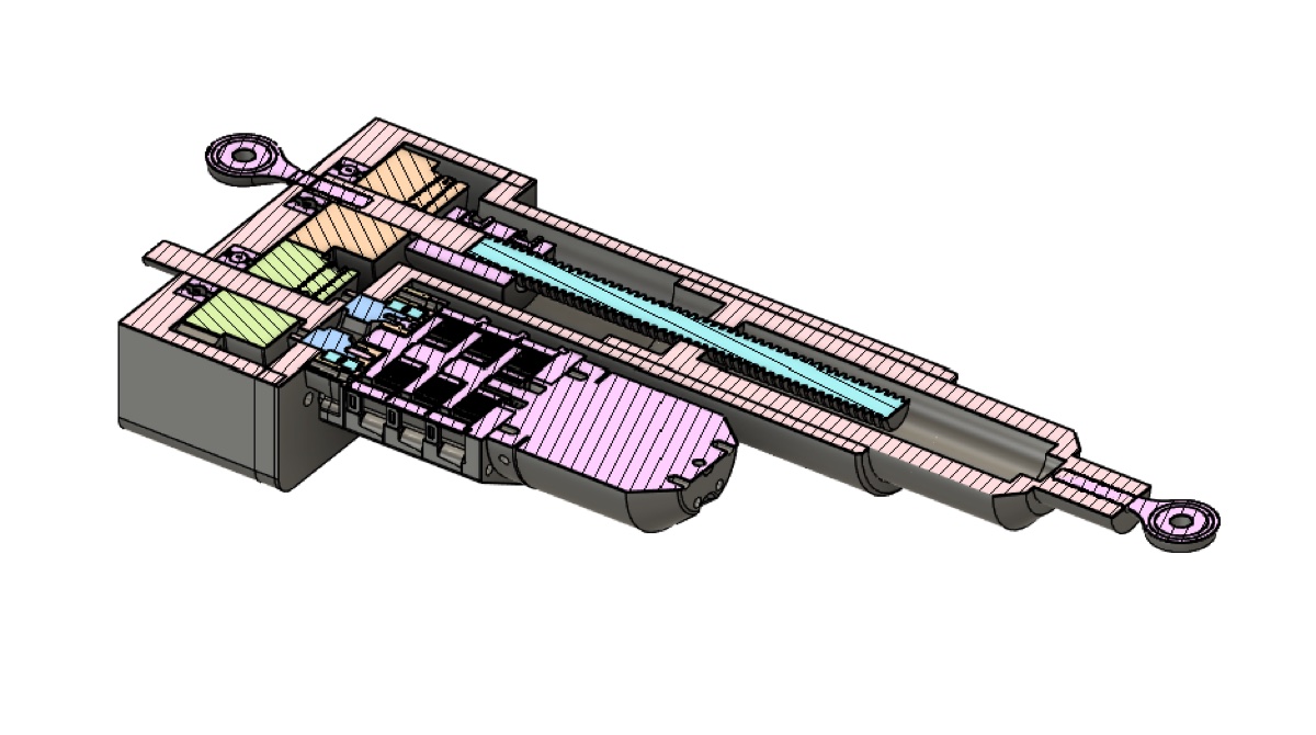 Cutaway CAD render of the custom TVC actuator showing the internal lead screw and gearing
