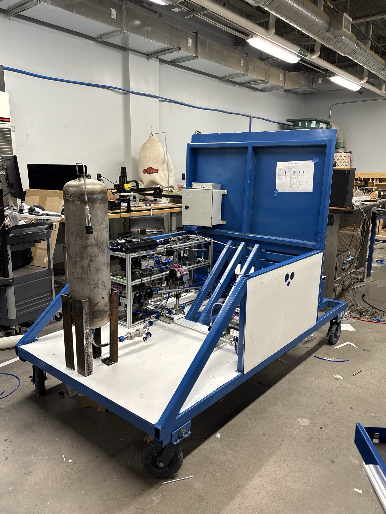 Assembled and painted test stand with plumbing and instrumentation